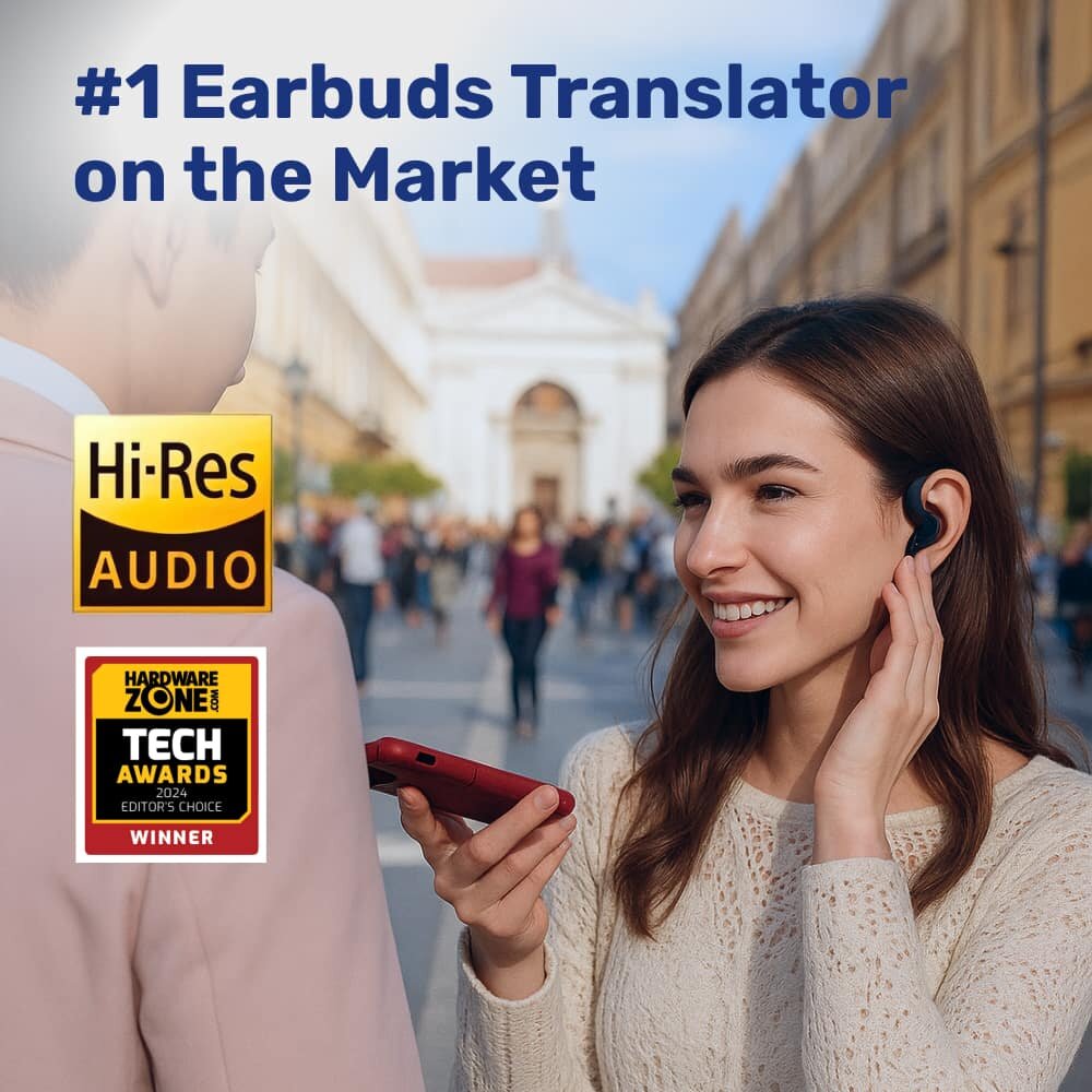 A traveller using SonaBuds to talk with a local on a city street