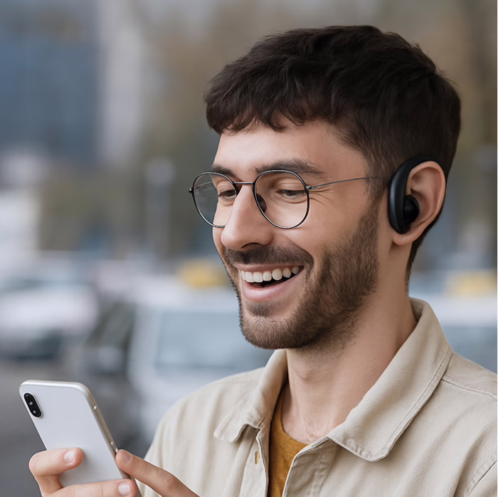 Two people holding a translated conversation